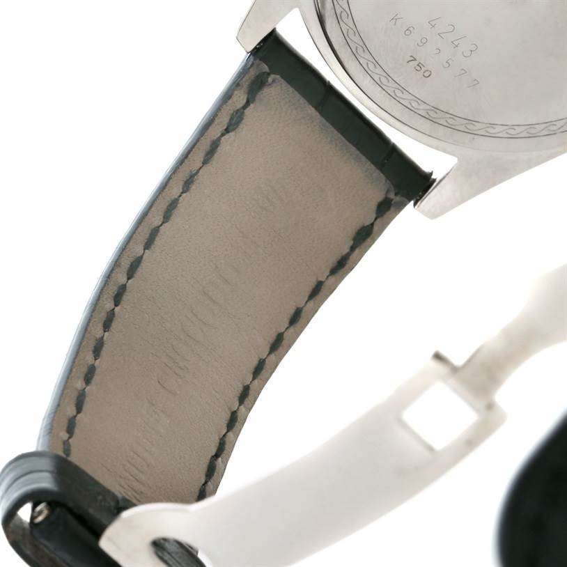 The image shows the back case, strap, and clasp of a Rolex Cellini 4243 Men's White Gold Black Dial 4243 Men's White Gold Black Dial watch from a side angle.