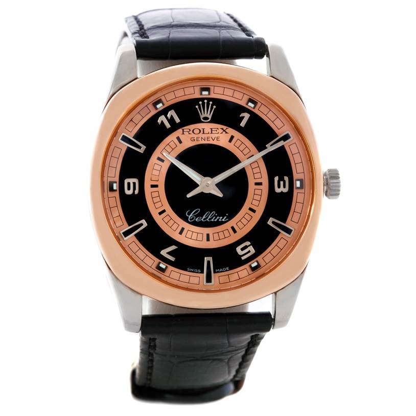 The image shows a frontal view of a Rolex Cellini 4243 Men's White Gold Black Dial 4243 Men's White Gold Black Dial watch, highlighting its dial, case, and leather strap.