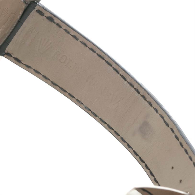 This image shows the inner leather band of a Rolex Cellini 4243 Men's White Gold Black Dial 4243 Men's White Gold Black Dial watch, with logo and brand markings visible.