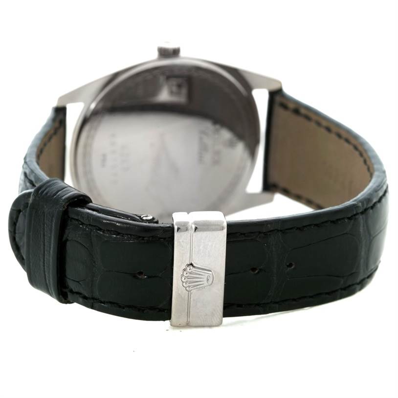 The image shows the back view of a Rolex Cellini 4243 Men's White Gold Black Dial 4243 Men's White Gold Black Dial watch, focusing on the leather strap and clasp.