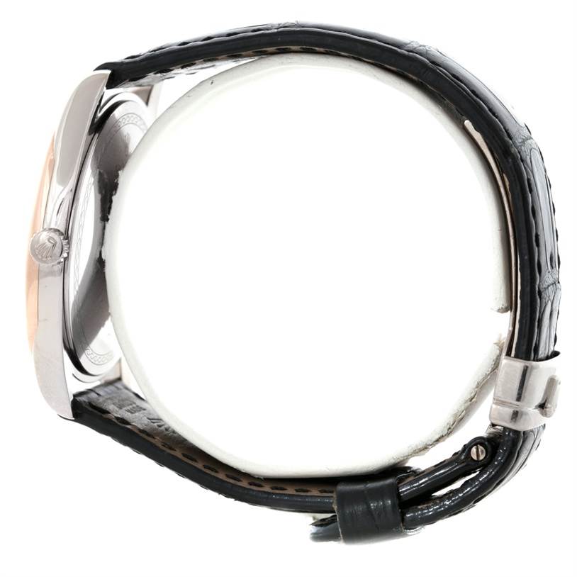 The image shows a side view of a Rolex Cellini 4243 Men's White Gold Black Dial 4243 Men's White Gold Black Dial watch, highlighting the black leather strap and metal case.