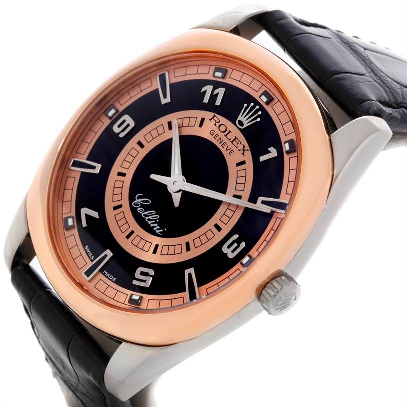 The Rolex Cellini 4243 Men's White Gold Black Dial 4243 Men's White Gold Black Dial watch is shown at a slight angle, featuring its face, bezel, crown, and black leather strap.