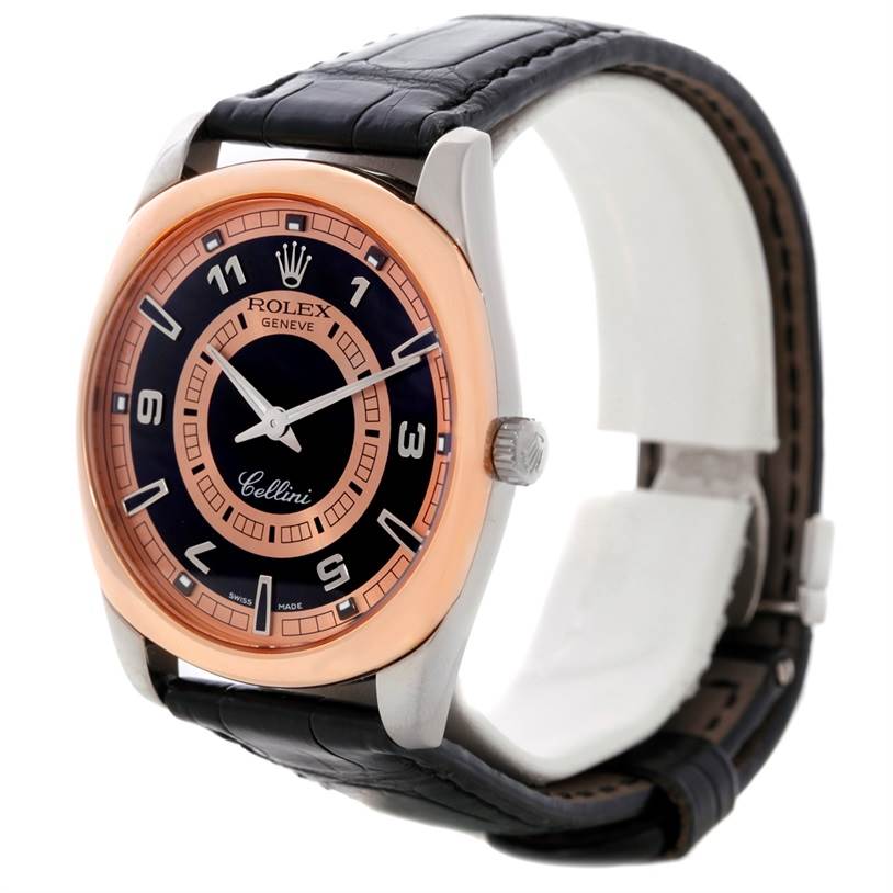 This image shows a Rolex Cellini 4243 Men's White Gold Black Dial 4243 Men's White Gold Black Dial watch from an angled view, highlighting its dial, bezel, crown, and leather strap.