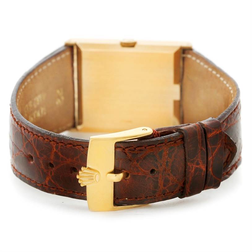 The image shows the brown leather strap and gold clasp of a Rolex Cellini 4127 Men's Yellow Gold Brown Dial 4127 Men's Yellow Gold Brown Dial watch, viewed from the back.