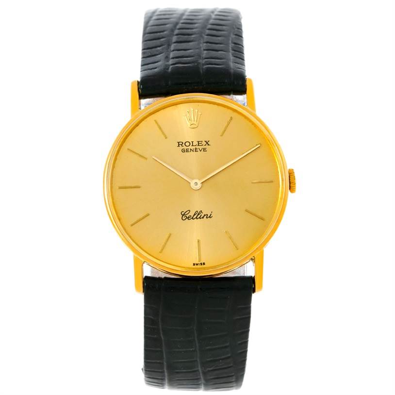 This image shows a front view of a Rolex Cellini 3833 Men
s Yellow Gold Champagne Dial 3833 Men
s Yellow Gold Champagne Dial watch, highlighting its golden dial and black leather strap.