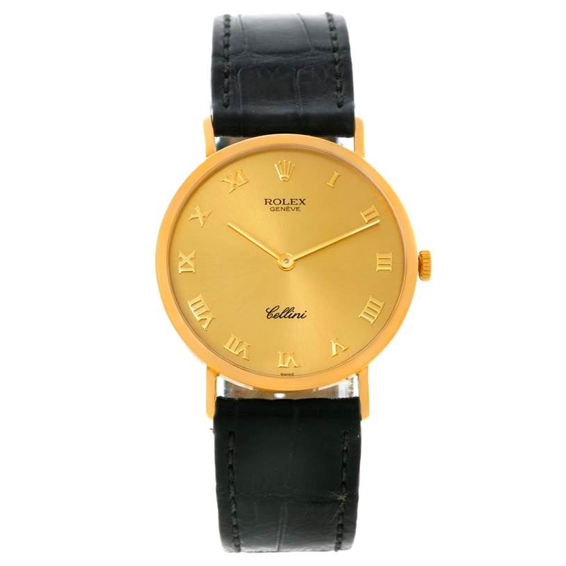 The Rolex Cellini 4112 Men
s Yellow Gold Champagne Dial 4112 Men
s Yellow Gold Champagne Dial model is shown from a straight-on angle, displaying its face, gold case, and black leather strap.