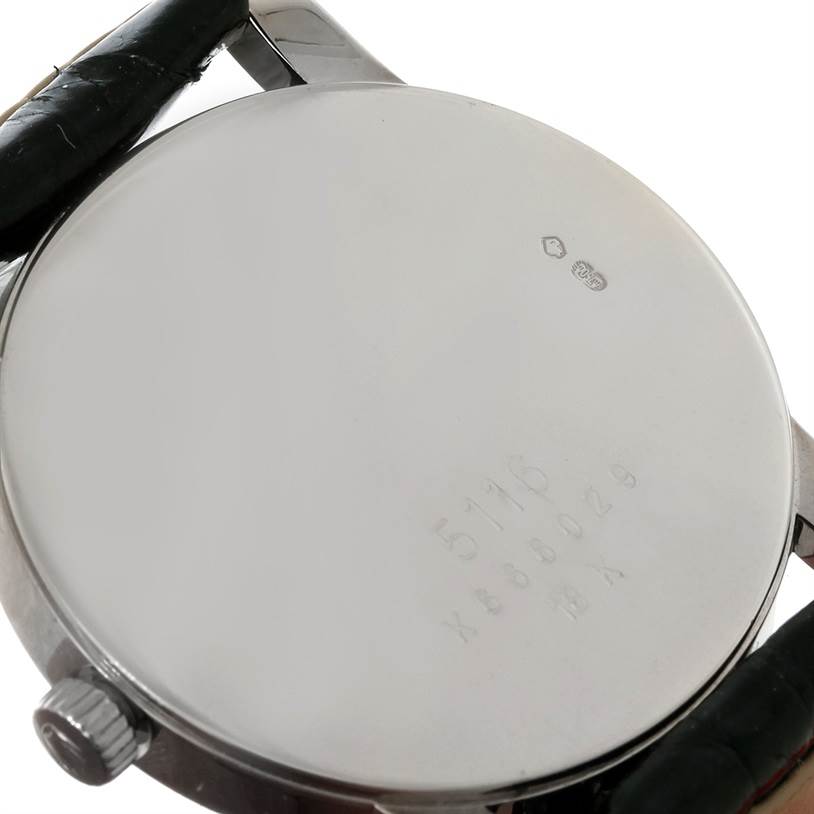 The image shows the back case and crown of a Rolex Cellini 5116 Men's White Gold Silver Dial 5116 Men's White Gold Silver Dial watch.