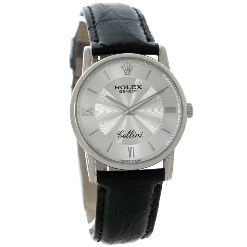This image shows a front view of a Rolex Cellini 5116 Men's White Gold Silver Dial 5116 Men's White Gold Silver Dial watch, highlighting its silver dial and black leather strap.