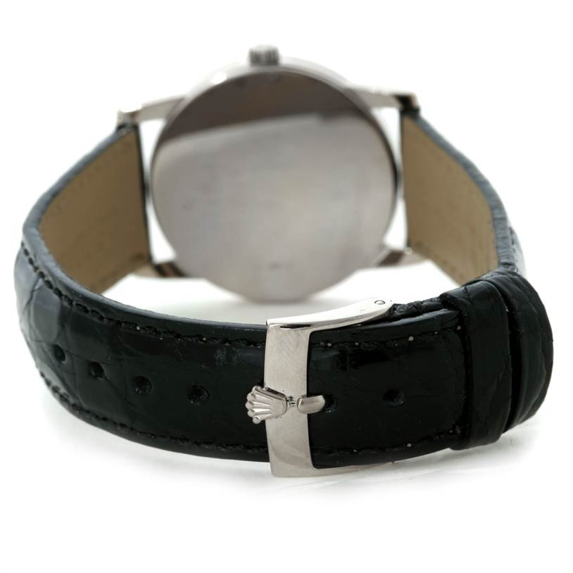 The image shows the back of the Rolex Cellini 5116 Men's White Gold Silver Dial 5116 Men's White Gold Silver Dial watch, including its strap and clasp from a rear angle.