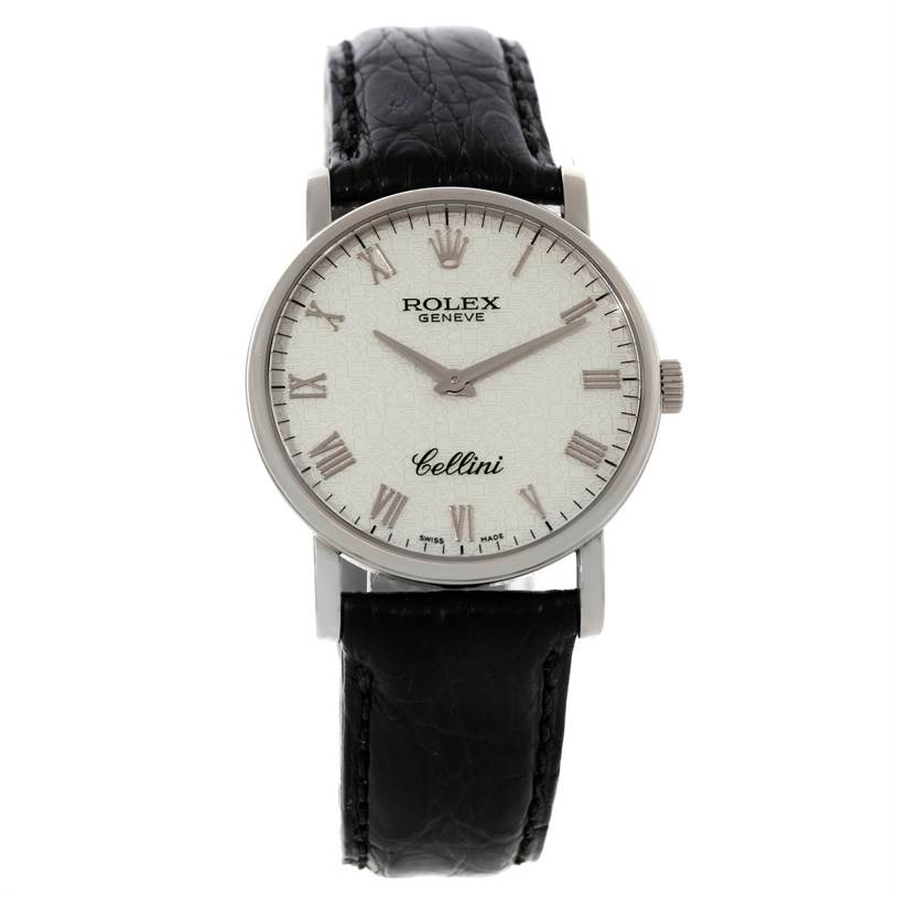 The Rolex Cellini 5116 Men's White Gold Silver Dial 5116 Men's White Gold Silver Dial watch is shown from a front angle, displaying the dial, case, and black leather strap.