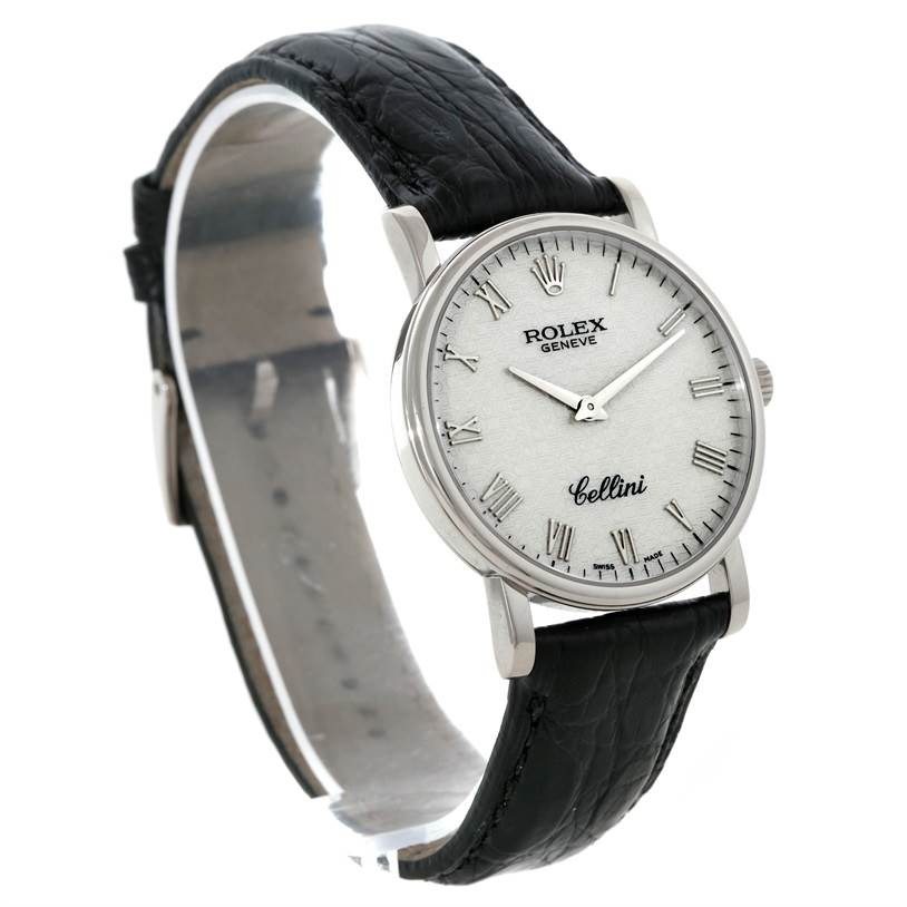 The image shows a Rolex Cellini 5116 Men's White Gold Silver Dial 5116 Men's White Gold Silver Dial watch at a three-quarter angle, highlighting its face, leather strap, and Roman numeral dial.