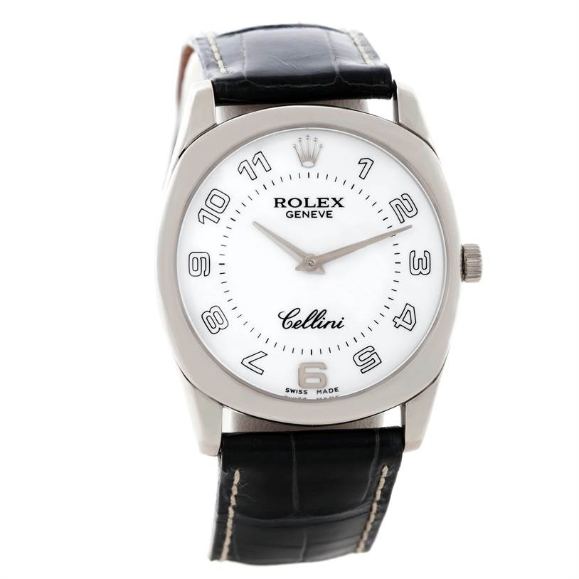 This image shows a front view of the Rolex Cellini 4233 Men's White Gold White Dial 4233 Men's White Gold White Dial watch, featuring its dial, hands, and leather strap.