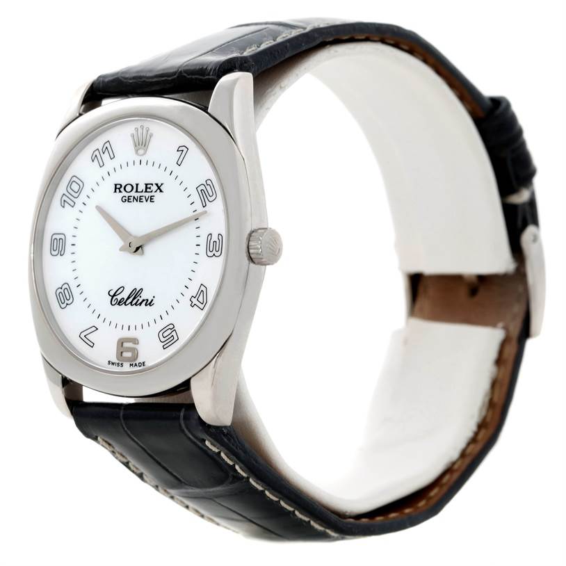 The Rolex Cellini 4233 Men's White Gold White Dial 4233 Men's White Gold White Dial watch is shown at a slight angle, highlighting the face, bezel, and leather strap.