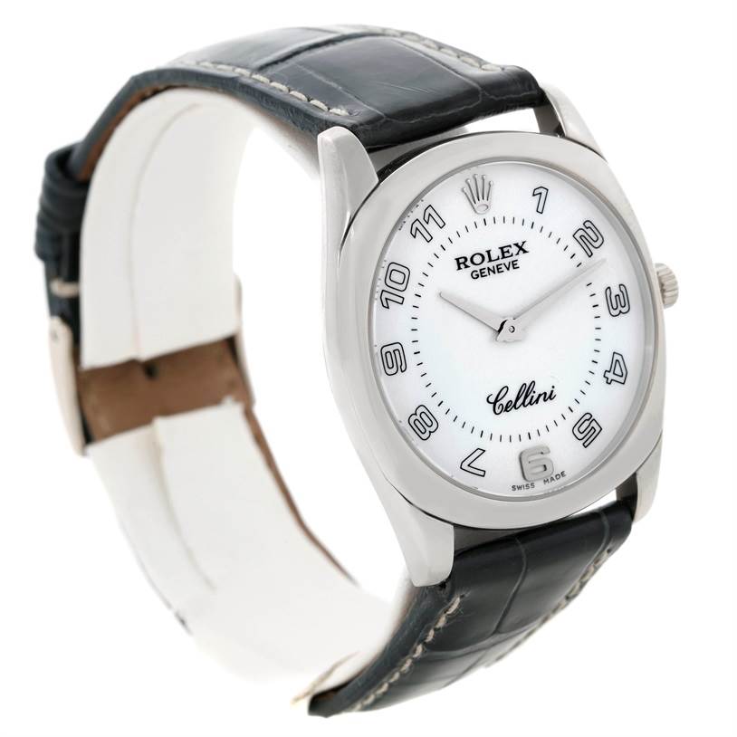 The Rolex Cellini 4233 Men's White Gold White Dial 4233 Men's White Gold White Dial watch is shown at an angled side view, displaying the watch face, hands, and black leather strap.
