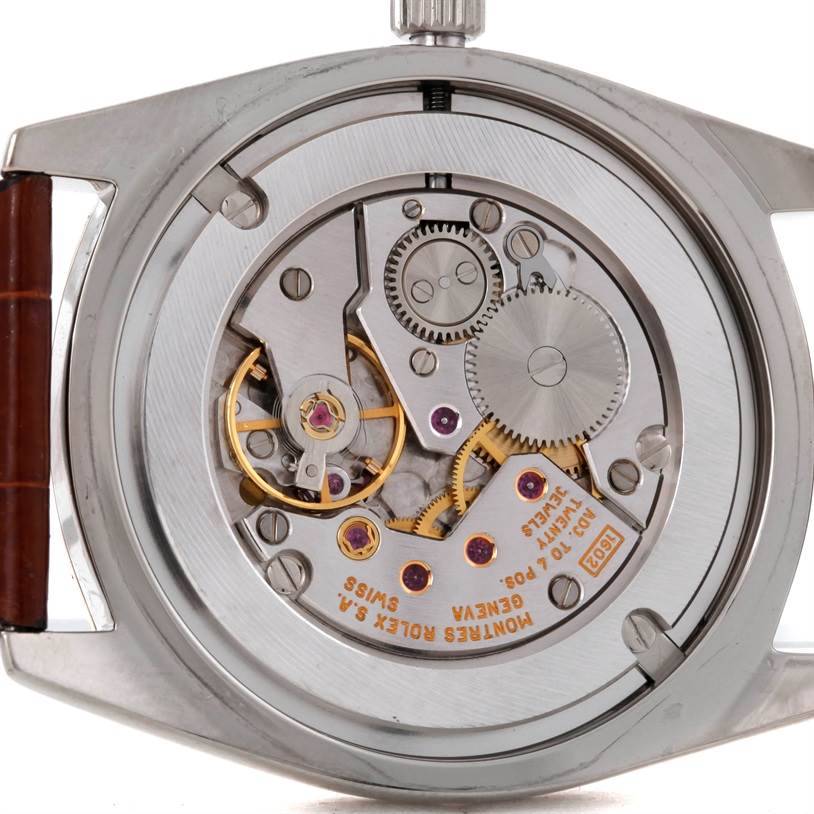 The image shows the movement mechanism of the Rolex Cellini 4233 Men's White Gold White Dial 4233 Men's White Gold White Dial watch from a rear angle without the case back.