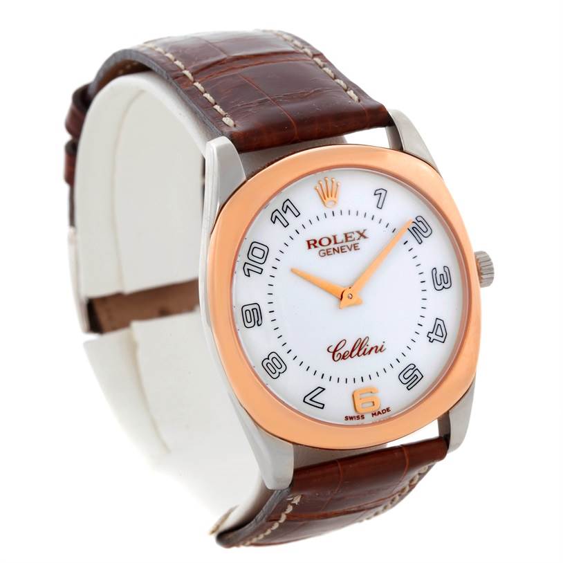 The image shows a Rolex Cellini 4233 Men's White Gold White Dial 4233 Men's White Gold White Dial watch at an angled top-down view, displaying the face, bezel, crown, and leather strap.