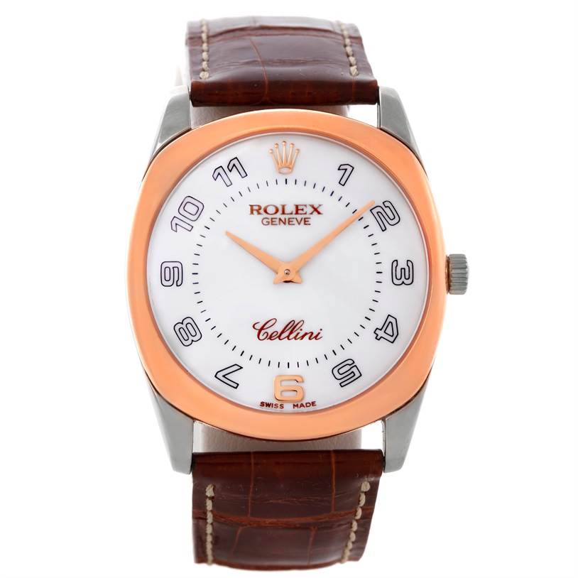 The image shows a front view of a Rolex Cellini 4233 Men's White Gold White Dial 4233 Men's White Gold White Dial watch with a leather strap.