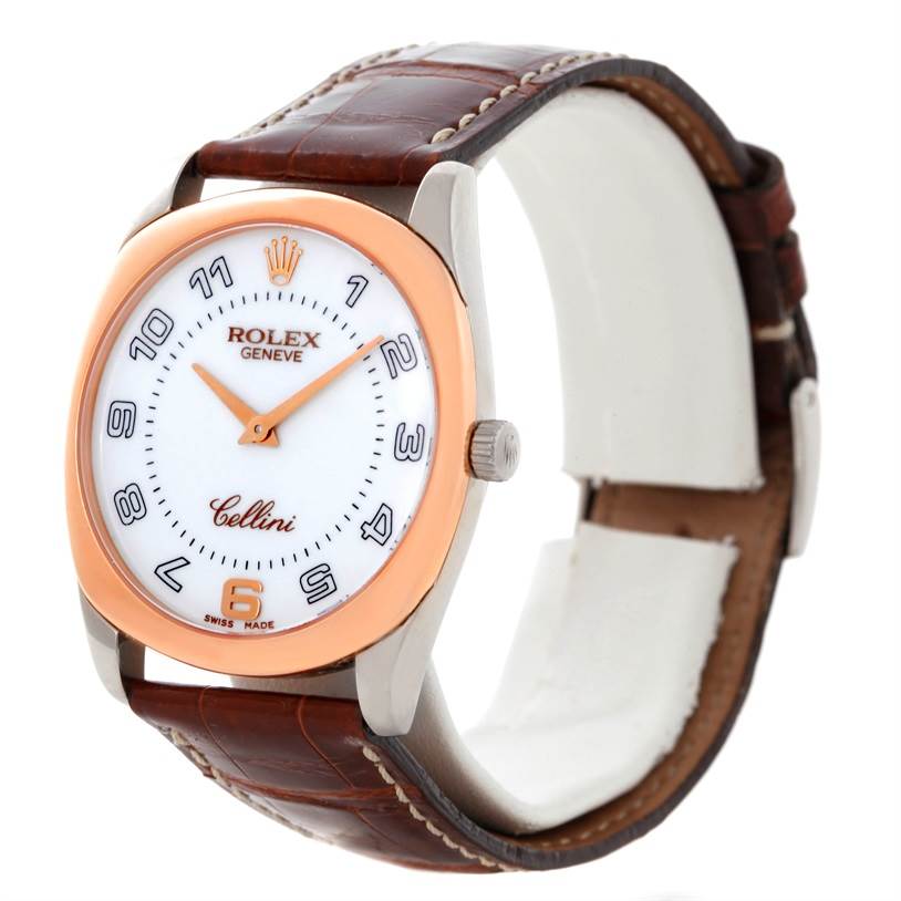 The image shows a Rolex Cellini 4233 Men's White Gold White Dial 4233 Men's White Gold White Dial watch from an angled front view, highlighting the dial, bezel, crown, and leather strap.