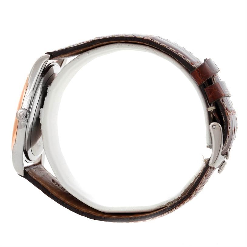 The angle shows a side view of a Rolex Cellini 4233 Men's White Gold White Dial 4233 Men's White Gold White Dial watch, displaying its crown, buckle, and leather strap.