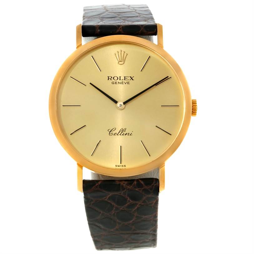 The image shows a frontal view of a Rolex Cellini 4112 Men
s Yellow Gold Champagne Dial 4112 Men
s Yellow Gold Champagne Dial watch, featuring its dial, crown, and leather strap.