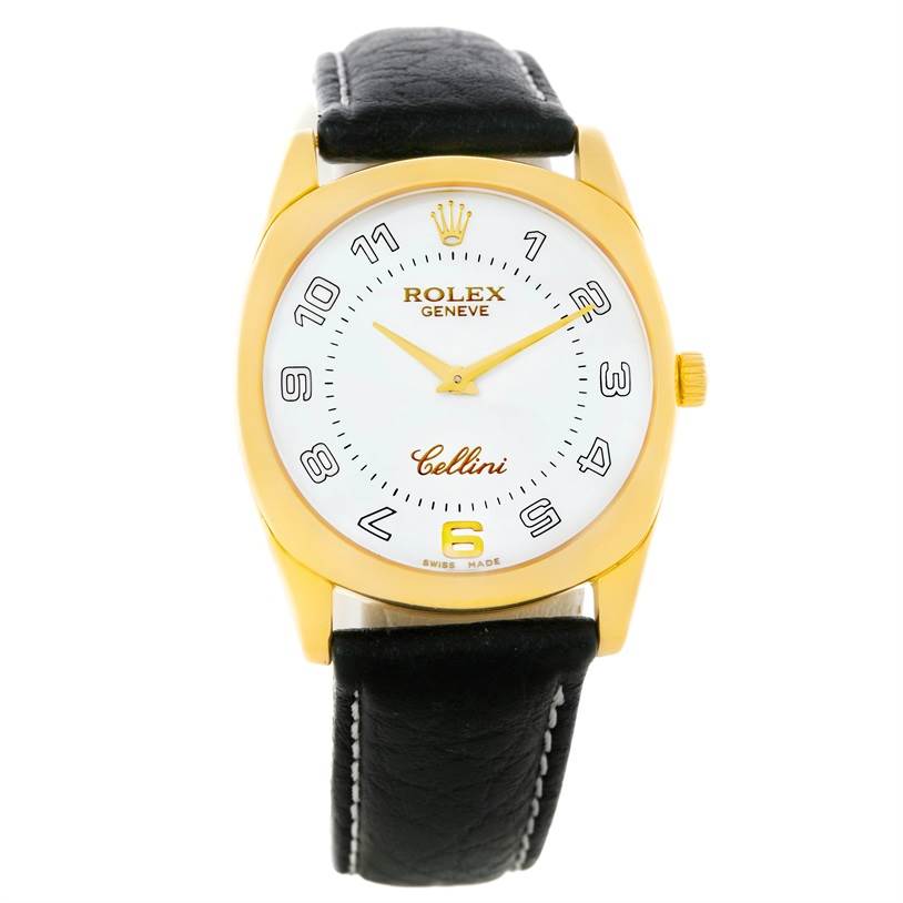 The image shows a front view of a Rolex Cellini 4233 Men's Yellow Gold Black Dial 4233 Men's Yellow Gold Black Dial watch, highlighting its dial, hands, casing, and leather strap.