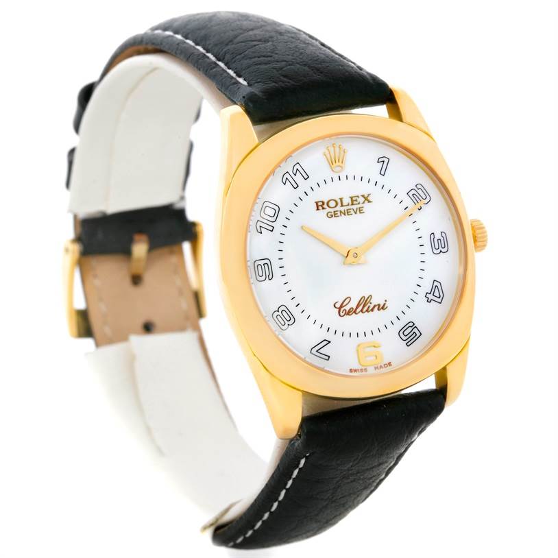 The Rolex Cellini 4233 Men's Yellow Gold Black Dial 4233 Men's Yellow Gold Black Dial watch is shown at an angled view, featuring a gold case, white dial, black leather strap, and gold crown.