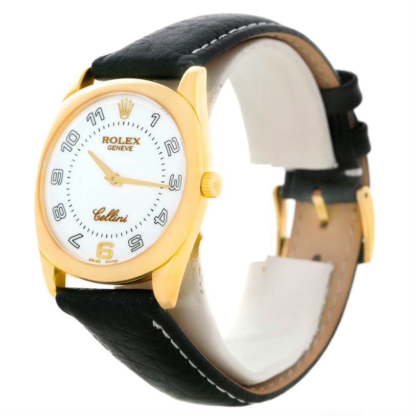 This image shows a front and slight side view of a Rolex Cellini 4233 Men's Yellow Gold Black Dial 4233 Men's Yellow Gold Black Dial watch, highlighting its dial, crown, and leather strap.