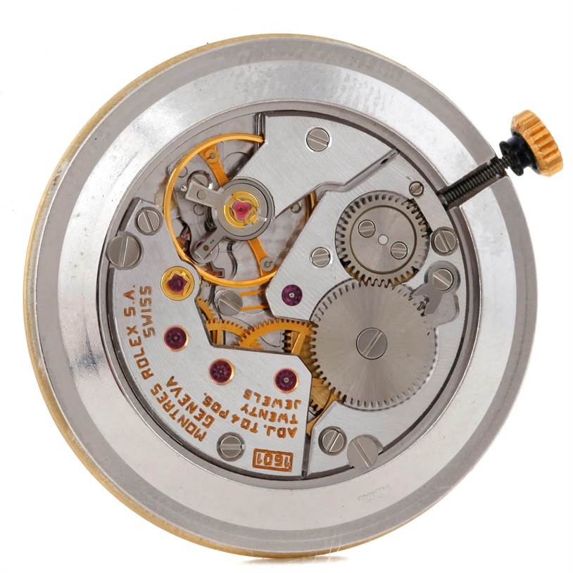 This image shows the internal mechanical movement and parts of the Rolex Cellini 4112 Yellow Gold Champagne Dial 4112 Yellow Gold Champagne Dial watch model from a top-down angle.