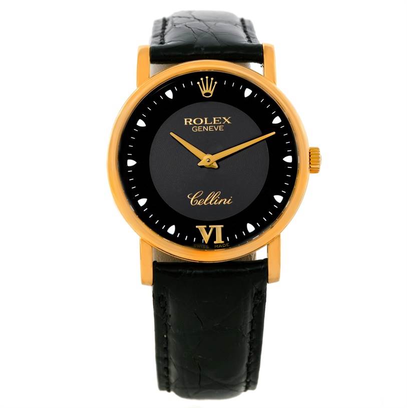 This image shows a front view of the Rolex Cellini 5115 Men
s Yellow Gold Black Dial 5115 Men
s Yellow Gold Black Dial watch, highlighting its face, bezel, and strap.