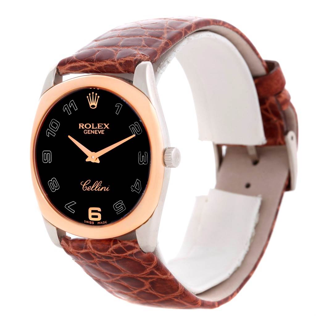 The image shows a Rolex Cellini 4233 Men's White Gold Black Dial 4233 Men's White Gold Black Dial watch at a slight angle, highlighting its black dial, gold bezel, and brown leather strap.