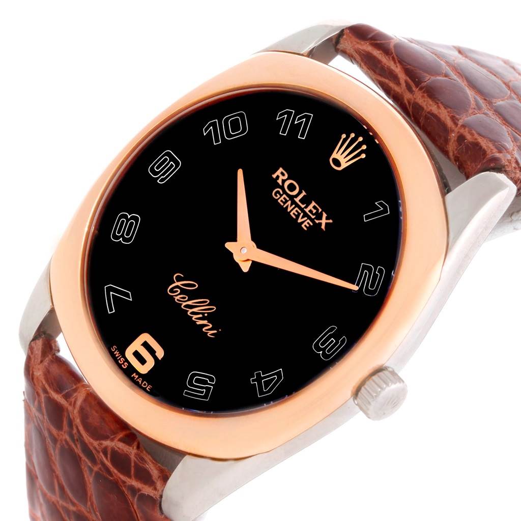 The Rolex Cellini 4233 Men's White Gold Black Dial 4233 Men's White Gold Black Dial watch is shown from a front angle, displaying its face, crown, and leather strap.