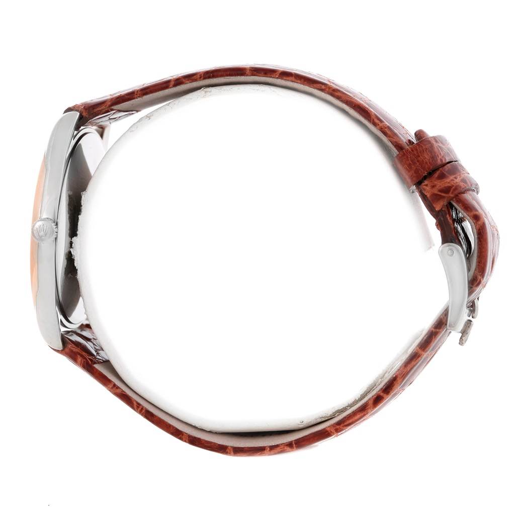 The image shows a side view of a Rolex Cellini 4233 Men's White Gold Black Dial 4233 Men's White Gold Black Dial watch with a brown leather strap and metal case.