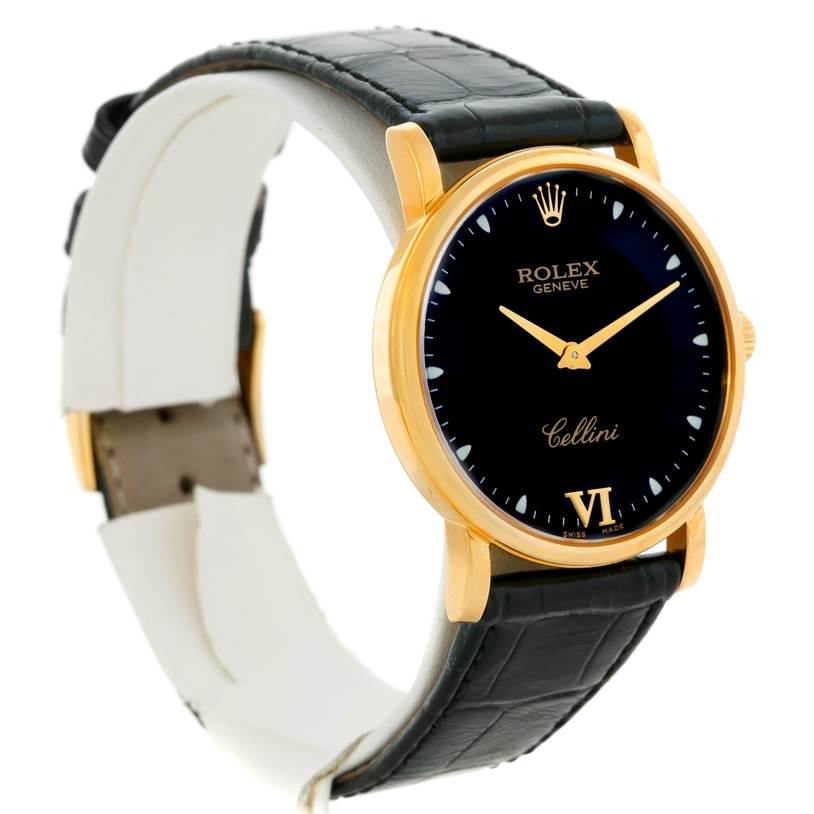 The image shows a Rolex Cellini 5115 Men's Yellow Gold Black Dial 5115 Men's Yellow Gold Black Dial watch at a slight side angle, displaying the face, dial, crown, and black leather strap.