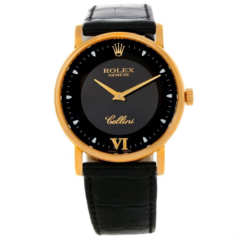 This image shows a front view of the Rolex Cellini 5115 Men's Yellow Gold Black Dial 5115 Men's Yellow Gold Black Dial watch, featuring the dial, hands, crown, and black leather strap.