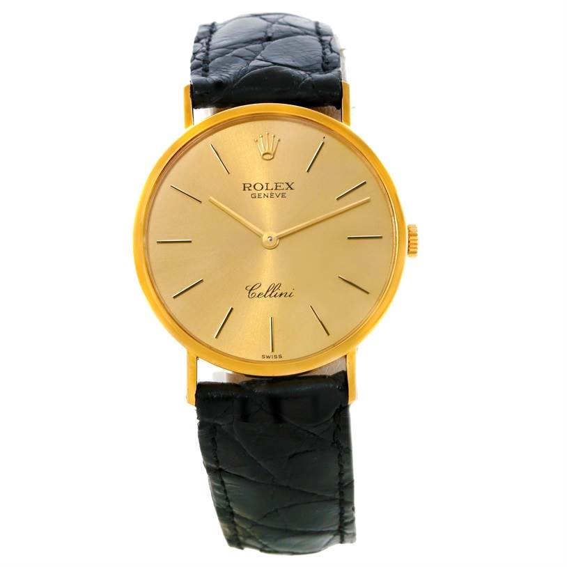 The image shows a front view of a Rolex Cellini 5112 Men
s Yellow Gold Champagne Dial 5112 Men
s Yellow Gold Champagne Dial watch, highlighting its gold case, dial, and black leather strap.
