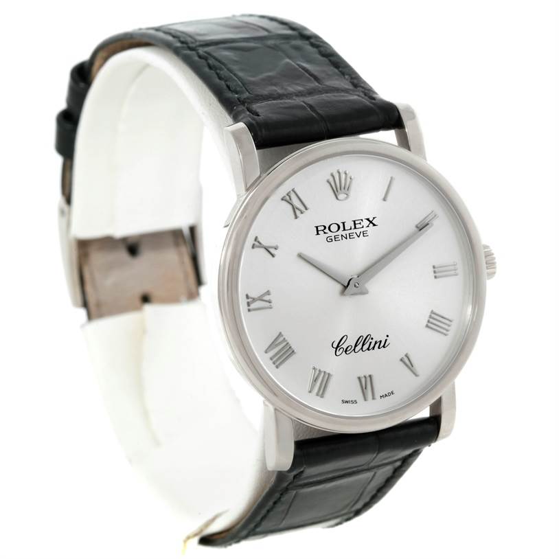 This Rolex Cellini 5115 Men
s White Gold Silver Dial 5115 Men
s White Gold Silver Dial watch is shown at a front angle, highlighting its face, bezel, and leather strap.
