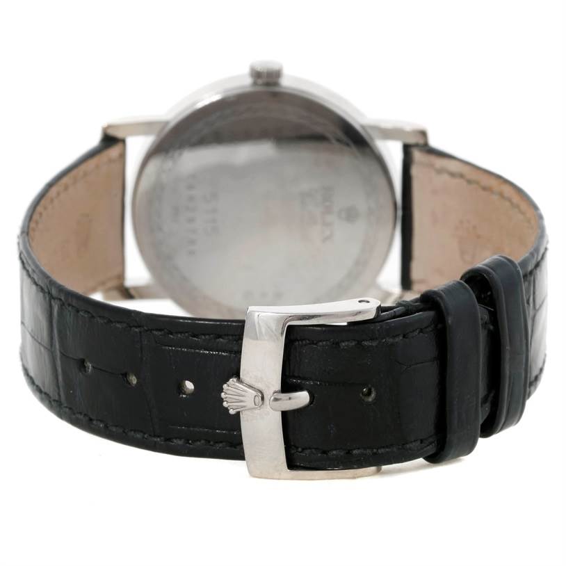 The image shows the back of a Rolex Cellini 5115 Men
s White Gold Silver Dial 5115 Men
s White Gold Silver Dial watch, focusing on the strap and buckle.