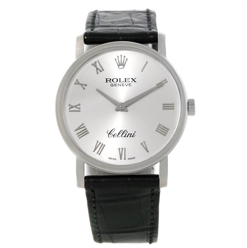 This image shows a front view of a Rolex Cellini 5115 Men
s White Gold Silver Dial 5115 Men
s White Gold Silver Dial watch, displaying the dial, case, crown, and leather strap.