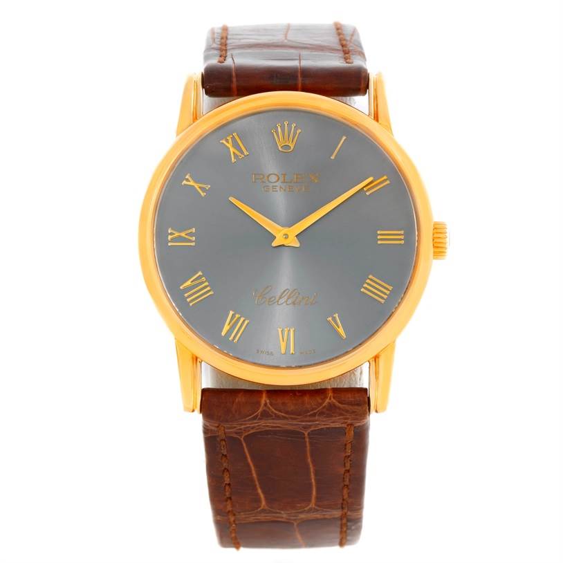 This image shows a Rolex Cellini 5116 Men's Yellow Gold Grey Dial 5116 Men's Yellow Gold Grey Dial watch from a frontal view, highlighting its dial, case, crown, and leather strap.