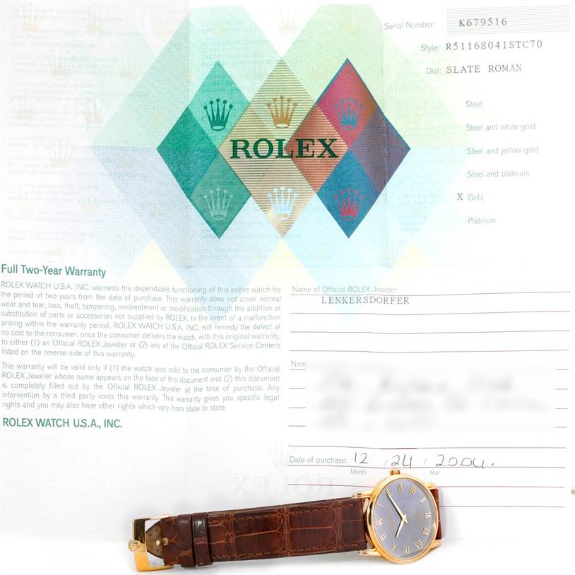 The image shows a Rolex Cellini 5116 Men's Yellow Gold Grey Dial 5116 Men's Yellow Gold Grey Dial watch with a brown leather strap and gold case, displayed alongside its warranty certificate.