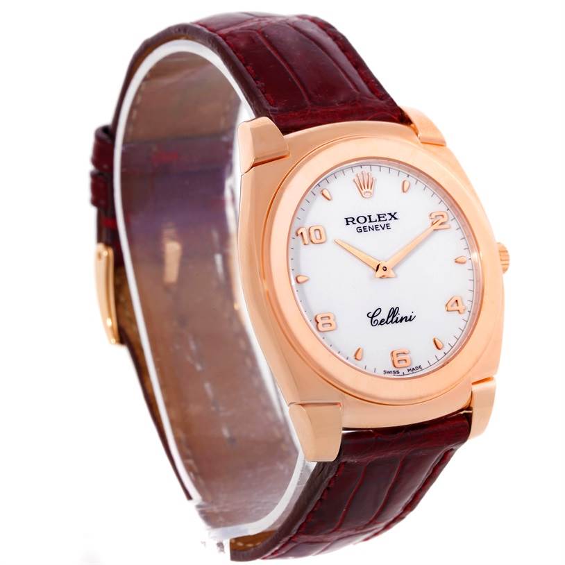 The Rolex Cellini 5330 Men's Rose Gold White Dial 5330 Men's Rose Gold White Dial watch is shown from a front-side angle, highlighting its face, bezel, and brown leather strap.