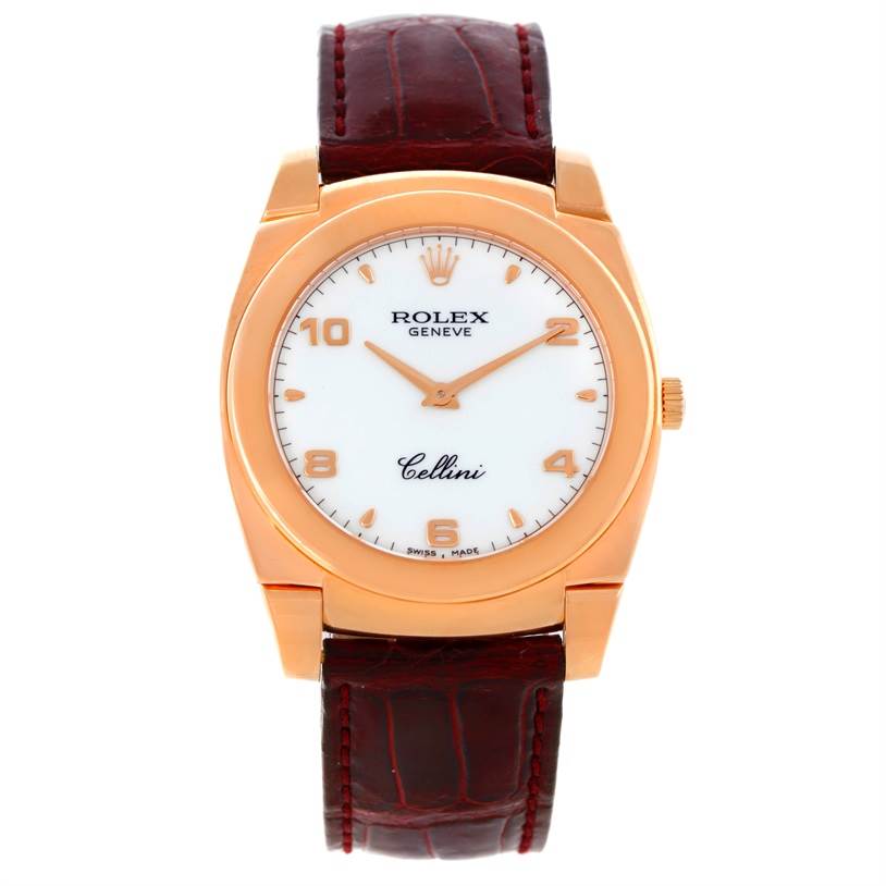 This image shows a front view of a Rolex Cellini 5330 Men's Rose Gold White Dial 5330 Men's Rose Gold White Dial watch, highlighting the dial, hands, case, and leather strap.