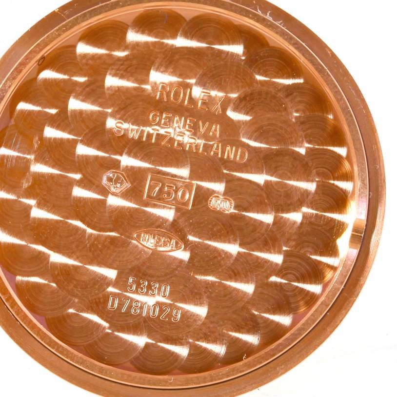 This is the inner case back of a Rolex Cellini 5330 Men's Rose Gold White Dial 5330 Men's Rose Gold White Dial watch, showing the model and certification engravings.