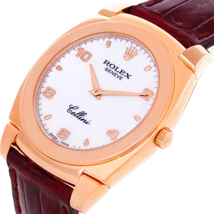 This image shows a close-up of the face, case, crown, and brown leather strap of a Rolex Cellini 5330 Men's Rose Gold White Dial 5330 Men's Rose Gold White Dial watch.
