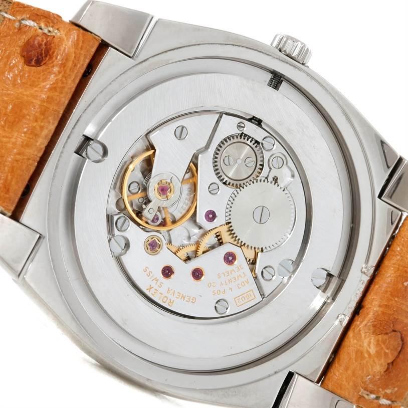 The image shows the back view of a Rolex Cellini 5330 Men's White Gold Grey Dial 5330 Men's White Gold Grey Dial watch, highlighting its internal mechanical movement.