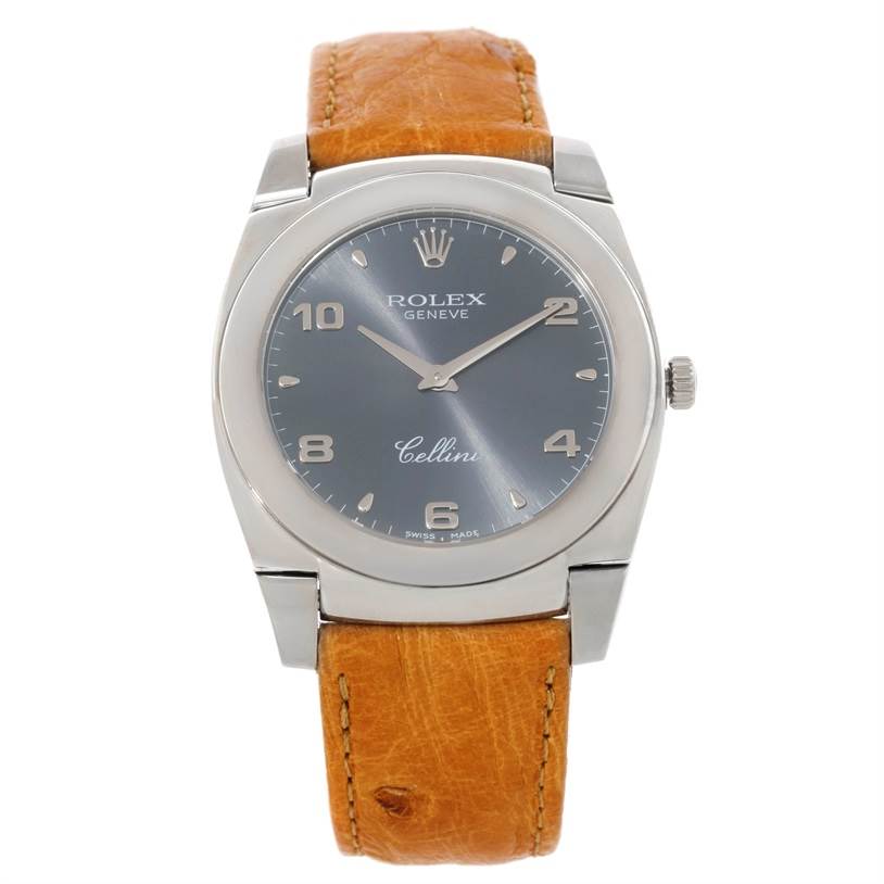 This image shows a Rolex Cellini 5330 Men's White Gold Grey Dial 5330 Men's White Gold Grey Dial watch from a front angle, featuring its dial, bezel, case, hands, and a leather strap.