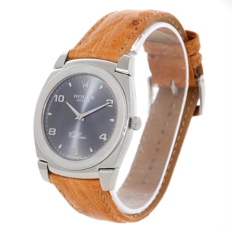 This Rolex Cellini 5330 Men's White Gold Grey Dial 5330 Men's White Gold Grey Dial watch is shown from an angled view, displaying its face, crown, and leather strap.
