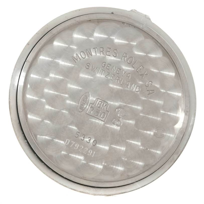 This image shows the inner case back of a Rolex Cellini 5330 Men's White Gold Grey Dial 5330 Men's White Gold Grey Dial watch, displaying engravings and hallmarks.