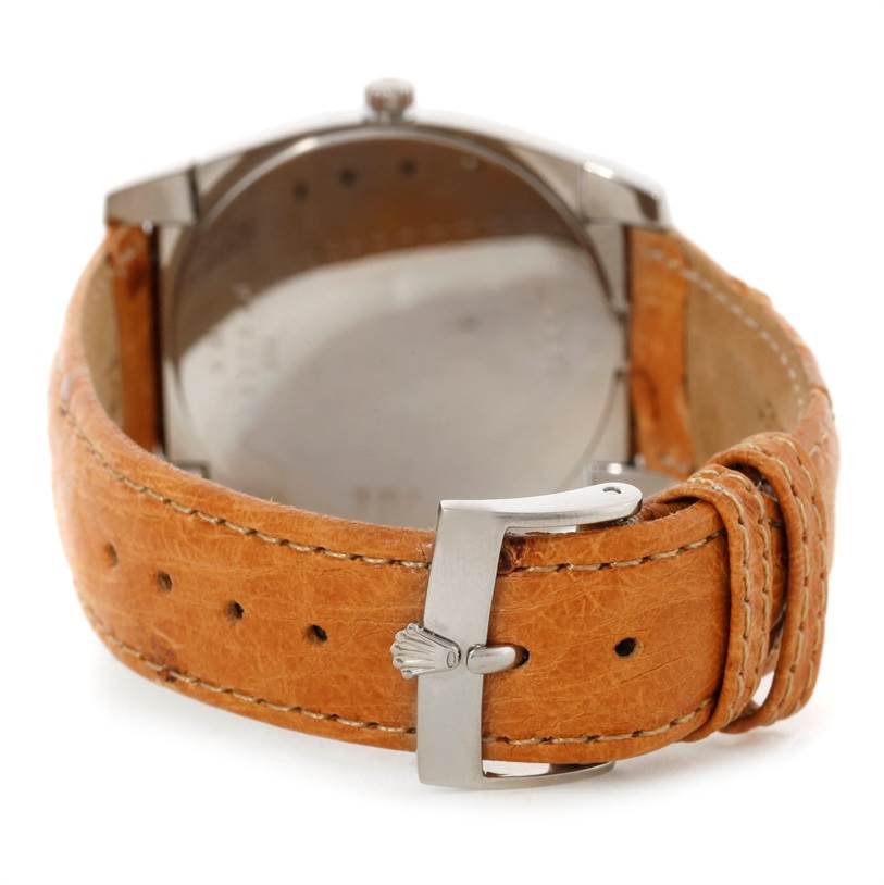 The image shows the back of the Rolex Cellini 5330 Men's White Gold Grey Dial 5330 Men's White Gold Grey Dial watch, focusing on the leather strap and clasp.