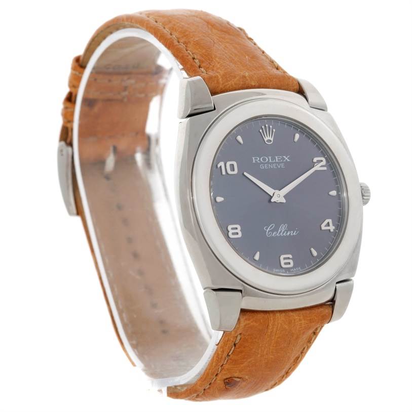 This image displays a Rolex Cellini 5330 Men's White Gold Grey Dial 5330 Men's White Gold Grey Dial watch angled to show the face and brown leather strap.